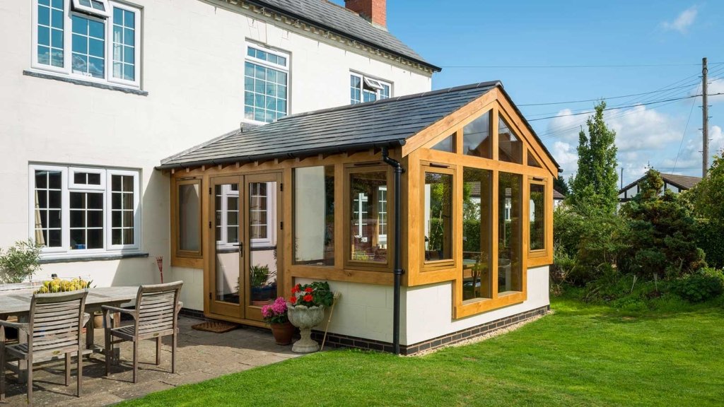 Oak conservatory with french doors