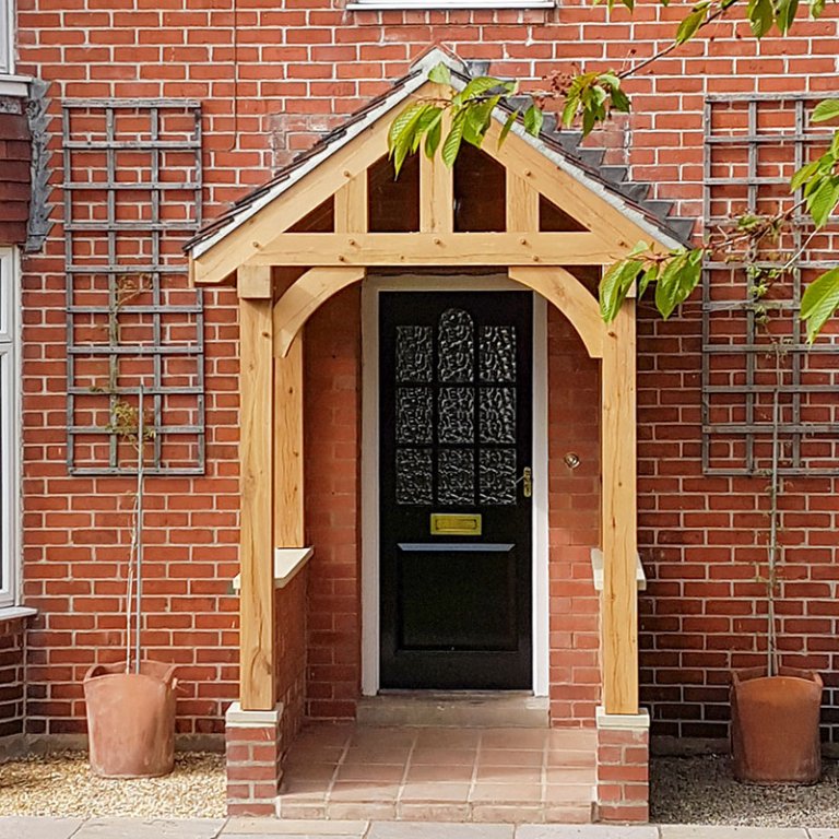 oak porch, dwarf walls, oak entrance, porch, different height posts