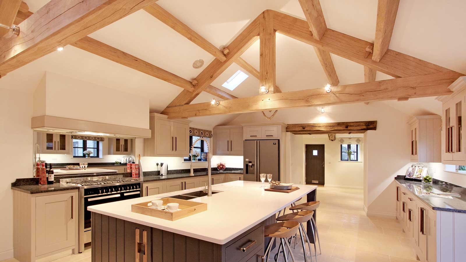an oak truss in a kitchen