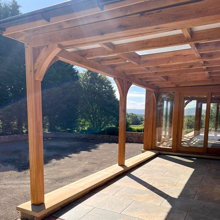 oak atrium, 2 storey atrium, oak pergola. oak french doors, oak sliding doors