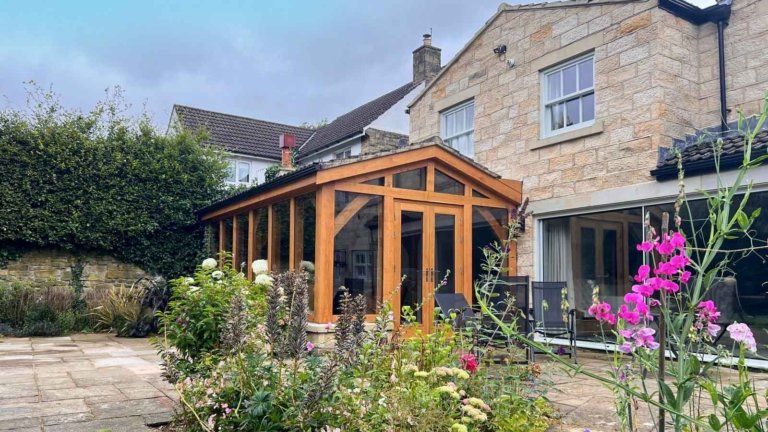 oak garden room, garden room, sunroom, oak french doors,