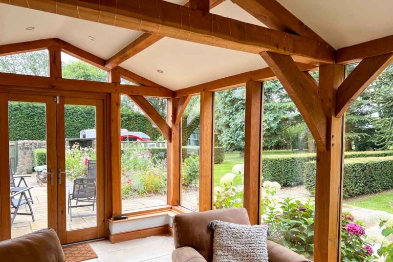 oak garden room, garden room, sunroom, oak french doors,