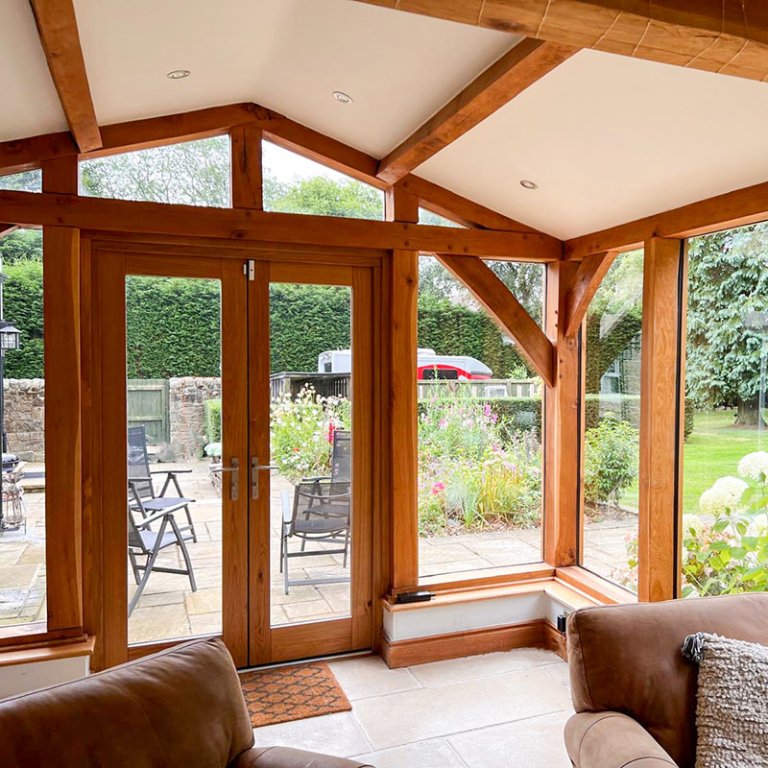 oak garden room, garden room, sunroom, oak french doors, oak purlins