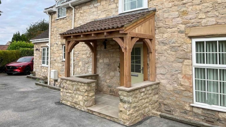 oak lean to porch, entrance porch, stone wall oak porch, bespoke oak porch