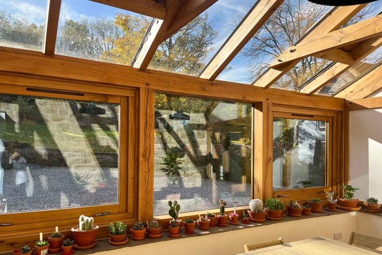 oak conservatory, glazed sunroom, oak framework, oak greenhouse, oak windows