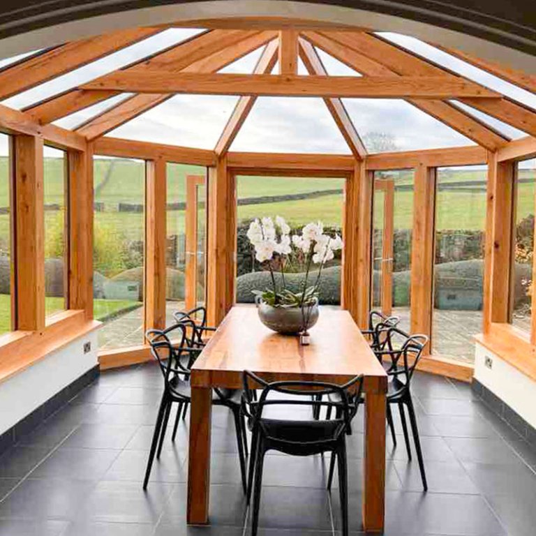 oak conservatory, glazed roof oak conservatory, oak sunroom, oak garden room, oak French doors