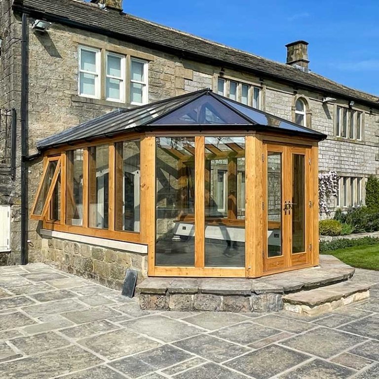 oak conservatory, glazed roof oak conservatory, oak sunroom, oak garden room, oak French doors