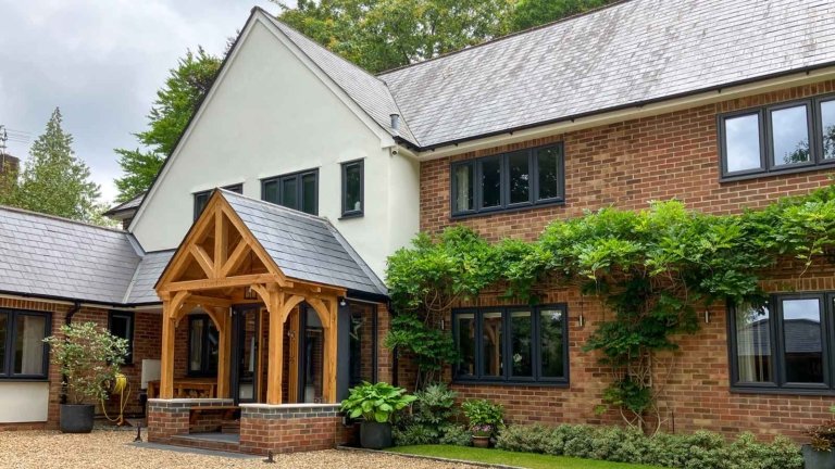 Engraved Oak Porch, Oak Porch, Front Porch, Entrance Porch, Porch on Dwarf Walls