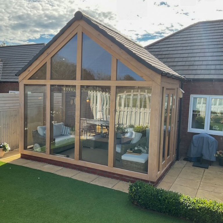 oak sunroom, oak French doors