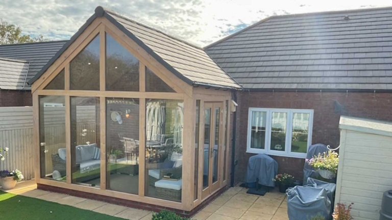 oak sunroom, oak French doors